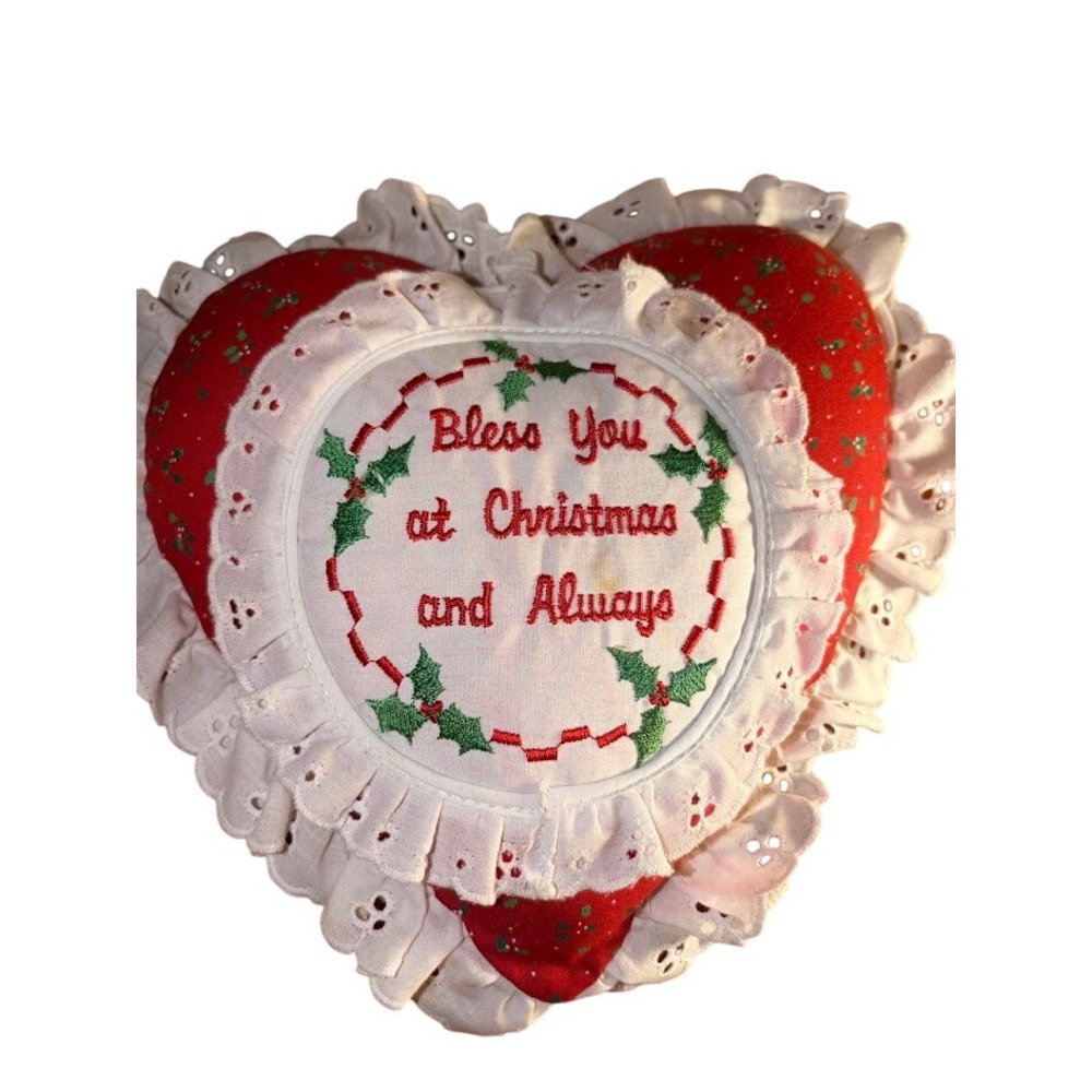 Vintage Handmade Christmas Heart Pillow Bless You At Christmas Eyelet Lace Red